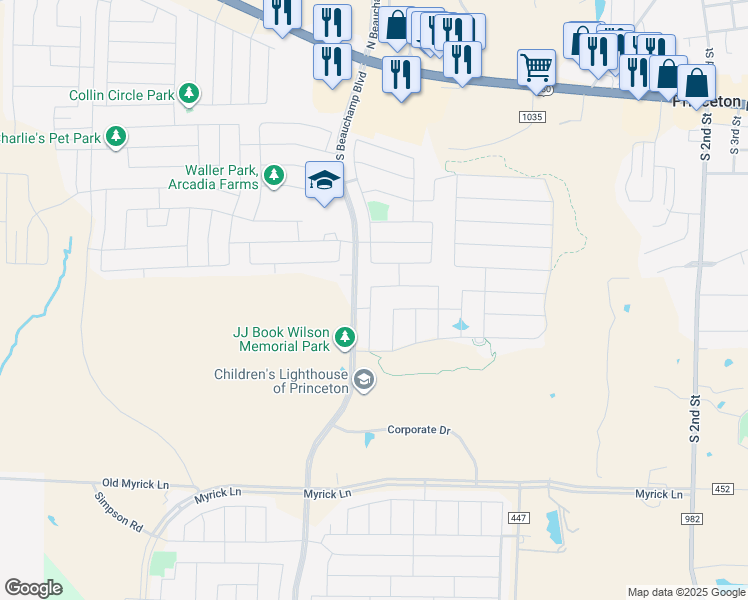 map of restaurants, bars, coffee shops, grocery stores, and more near 625 Cedar Springs Drive in Princeton