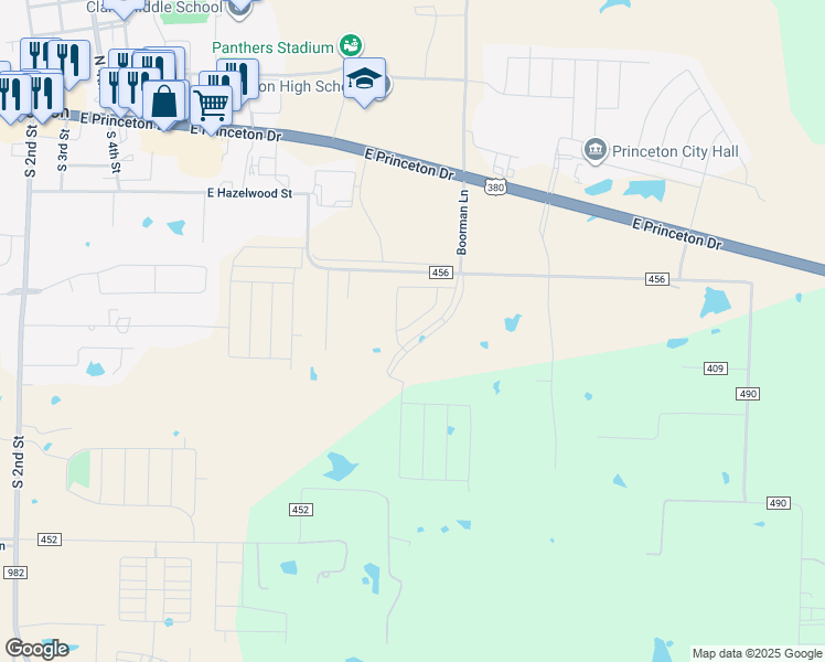 map of restaurants, bars, coffee shops, grocery stores, and more near 1045 County Road 456 in Princeton