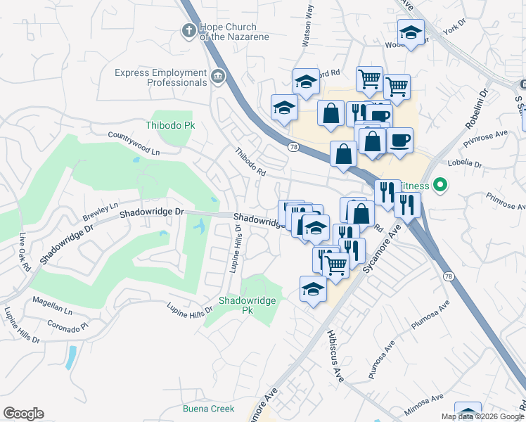 map of restaurants, bars, coffee shops, grocery stores, and more near 840 Brooktree Lane in Vista