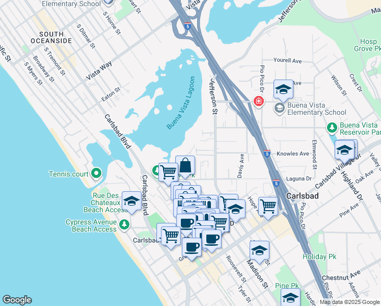 map of restaurants, bars, coffee shops, grocery stores, and more near 2409 South Buena Vista Circle in Carlsbad