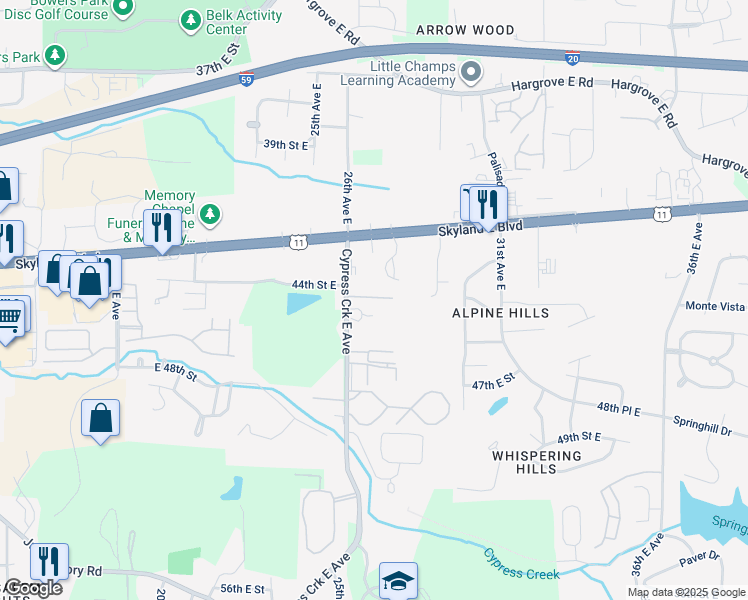 map of restaurants, bars, coffee shops, grocery stores, and more near 4501 Cypress Creek Avenue East in Tuscaloosa