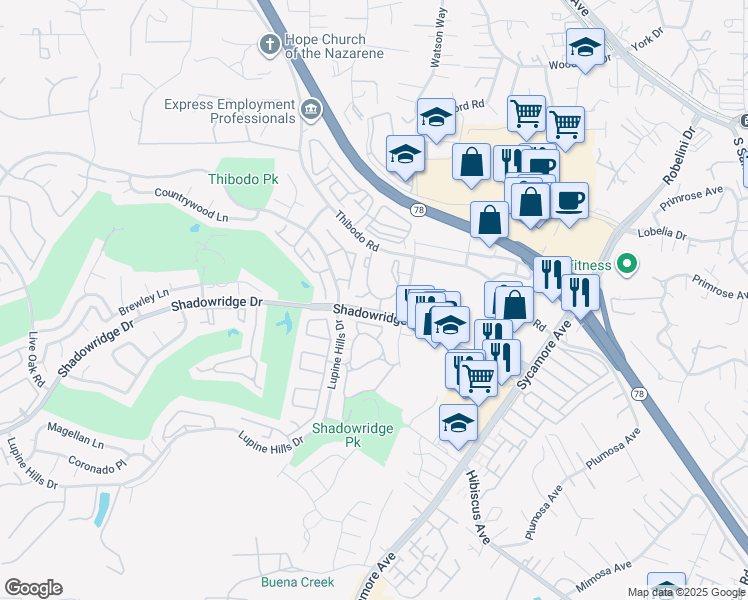 map of restaurants, bars, coffee shops, grocery stores, and more near 840 Brooktree Lane in Vista