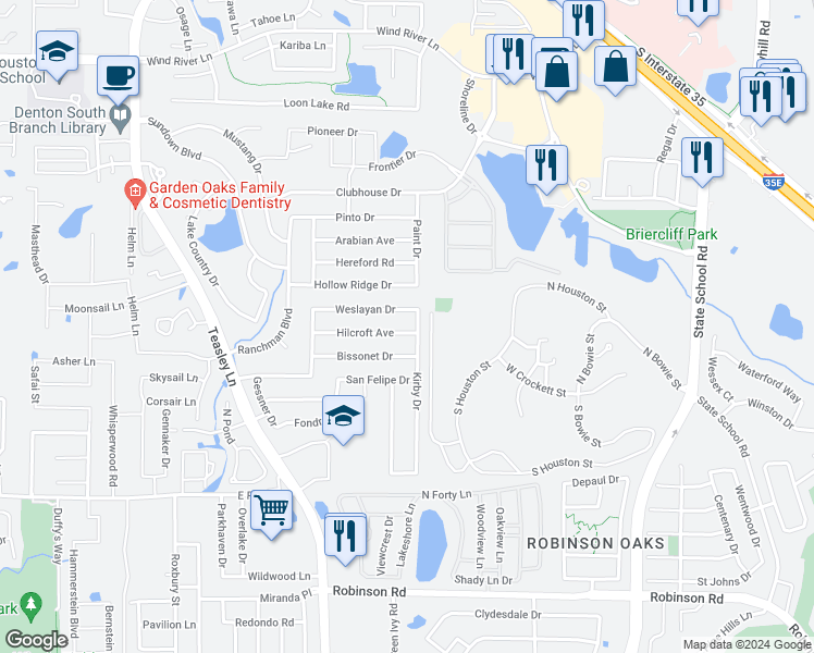 map of restaurants, bars, coffee shops, grocery stores, and more near 2821 Hilcroft Avenue in Denton