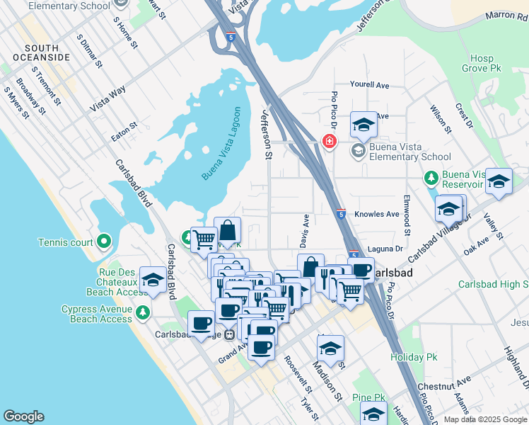 map of restaurants, bars, coffee shops, grocery stores, and more near 2601 Jefferson Street in Carlsbad