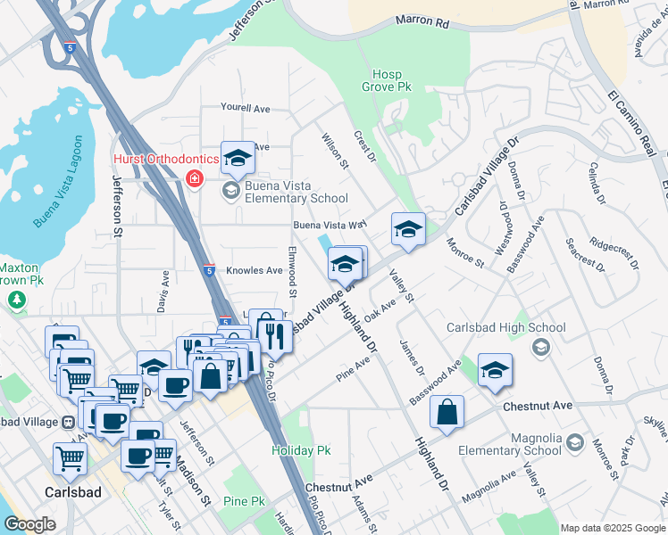 map of restaurants, bars, coffee shops, grocery stores, and more near 2924 Highland Drive in Carlsbad