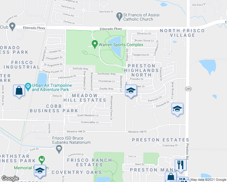 map of restaurants, bars, coffee shops, grocery stores, and more near 7907 Daylily Way in Frisco