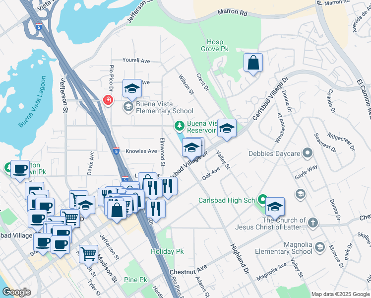 map of restaurants, bars, coffee shops, grocery stores, and more near 2924 Highland Drive in Carlsbad