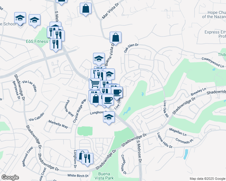 map of restaurants, bars, coffee shops, grocery stores, and more near 1668 South Melrose Drive in Vista