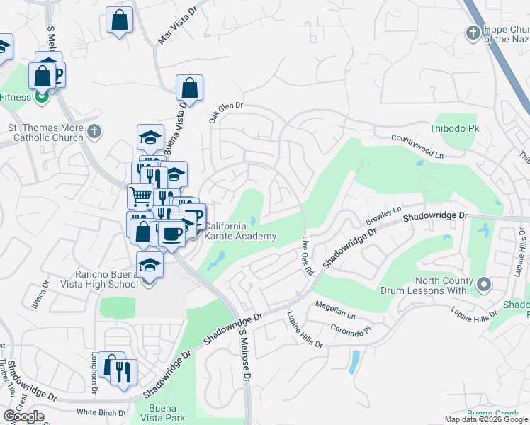 map of restaurants, bars, coffee shops, grocery stores, and more near 1085 Almeria Court in Vista