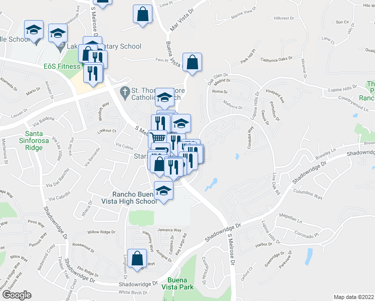 map of restaurants, bars, coffee shops, grocery stores, and more near 1668 South Melrose Drive in Vista