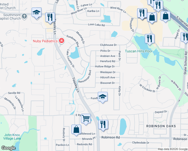 map of restaurants, bars, coffee shops, grocery stores, and more near 2405 Summit Court in Denton