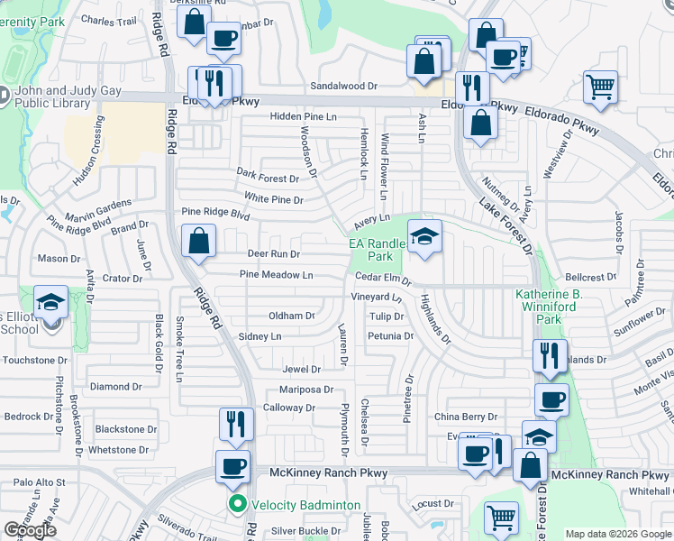 map of restaurants, bars, coffee shops, grocery stores, and more near 5700 Vineyard Lane in McKinney