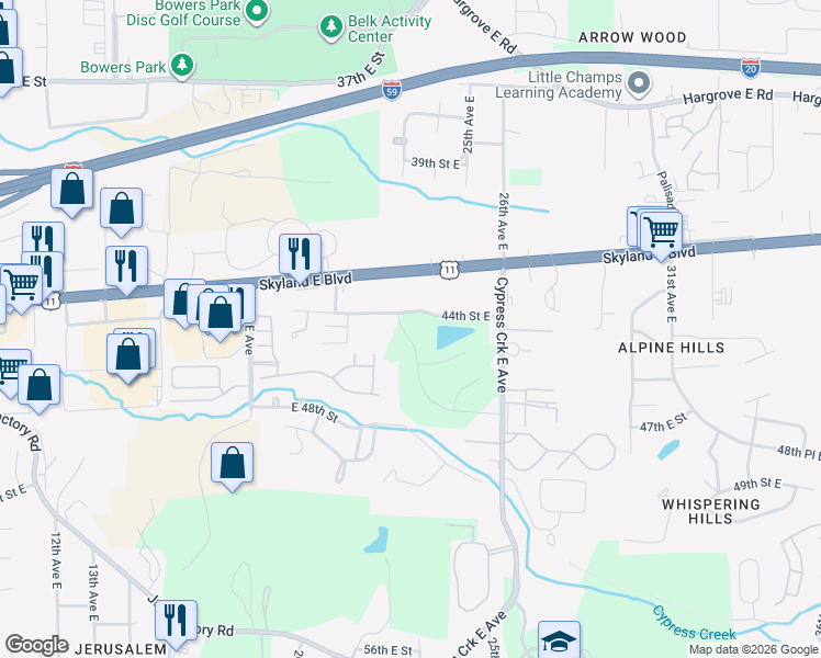 map of restaurants, bars, coffee shops, grocery stores, and more near 2303 44th Street East in Tuscaloosa