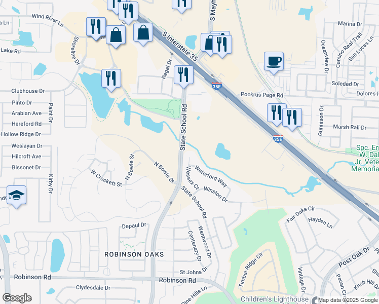 map of restaurants, bars, coffee shops, grocery stores, and more near 3516 Wessex Court in Denton