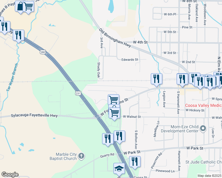 map of restaurants, bars, coffee shops, grocery stores, and more near 1401 Terrace Road in Sylacauga