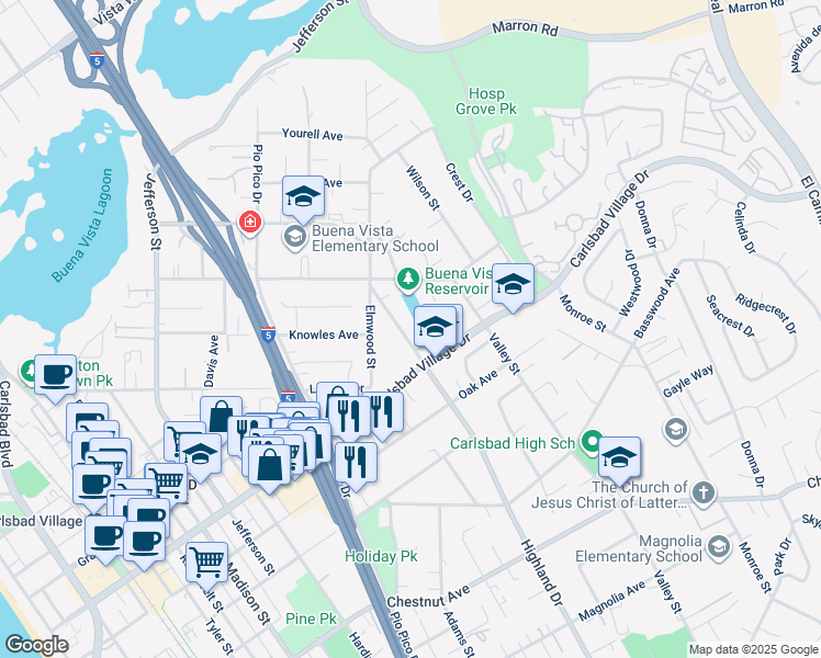 map of restaurants, bars, coffee shops, grocery stores, and more near 3600-2 Highland Drive in Carlsbad