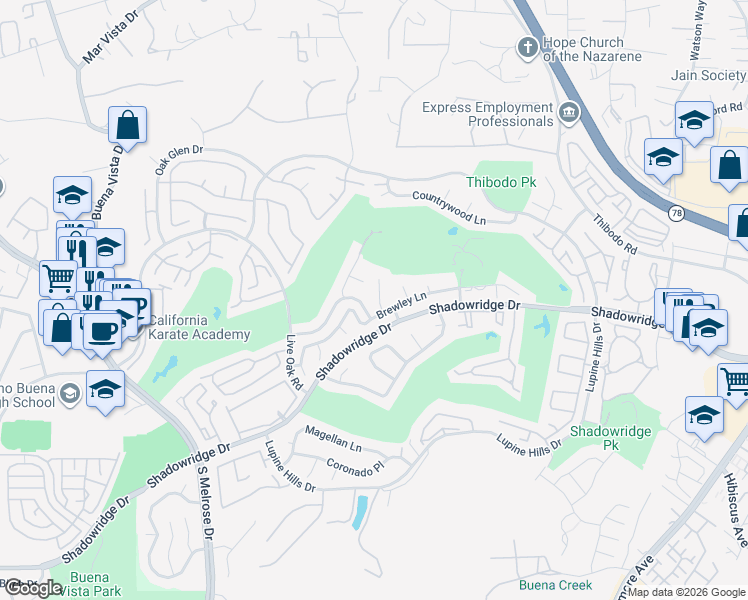map of restaurants, bars, coffee shops, grocery stores, and more near 1993 Stonecrest Court in Vista