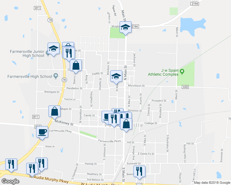 map of restaurants, bars, coffee shops, grocery stores, and more near 311 North Washington Street in Farmersville