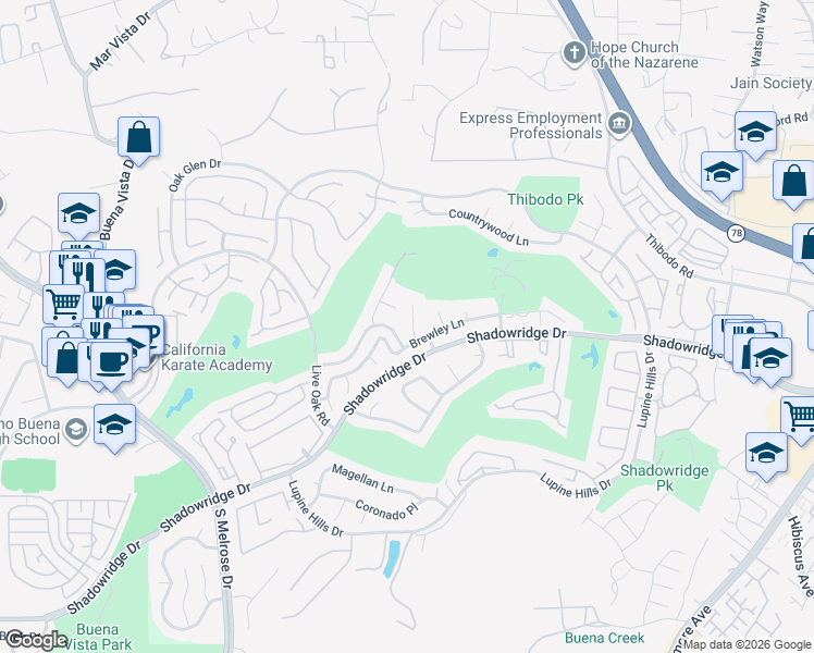 map of restaurants, bars, coffee shops, grocery stores, and more near 1993 Stonecrest Court in Vista