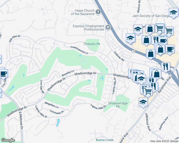 map of restaurants, bars, coffee shops, grocery stores, and more near 1999 Cambridge Lane in Vista