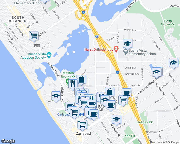 map of restaurants, bars, coffee shops, grocery stores, and more near 2535 Jefferson Street in Carlsbad