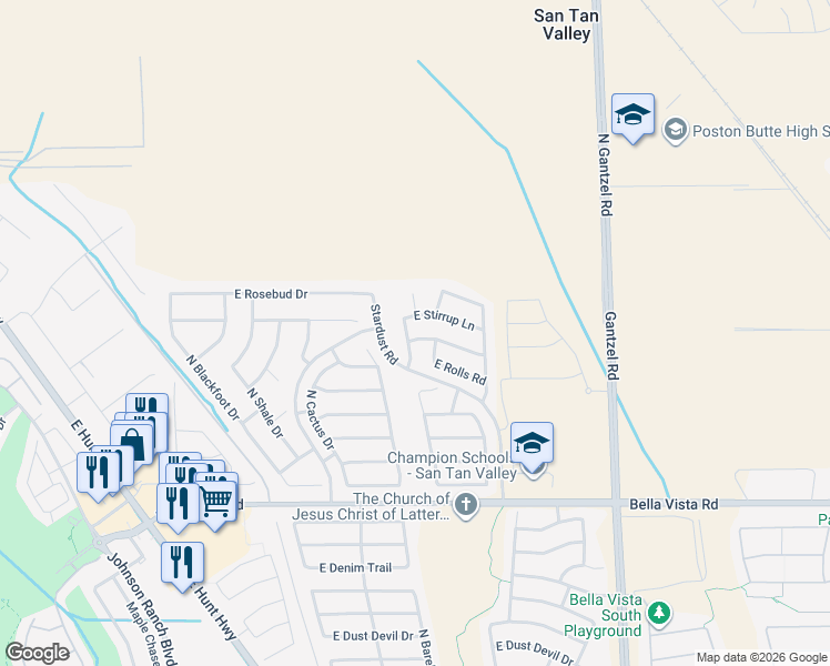 map of restaurants, bars, coffee shops, grocery stores, and more near 1300 East Saguaro Trail in San Tan Valley