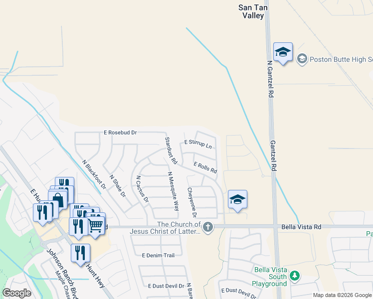 map of restaurants, bars, coffee shops, grocery stores, and more near 1312 East Saguaro Trail in Queen Creek