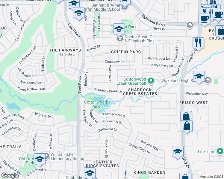map of restaurants, bars, coffee shops, grocery stores, and more near 10989 Yorkshire Lane in Frisco