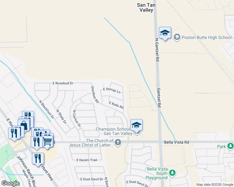 map of restaurants, bars, coffee shops, grocery stores, and more near 1517 East Rosebud Drive in Queen Creek