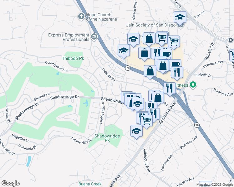 map of restaurants, bars, coffee shops, grocery stores, and more near 1914 Wellington Lane in Vista
