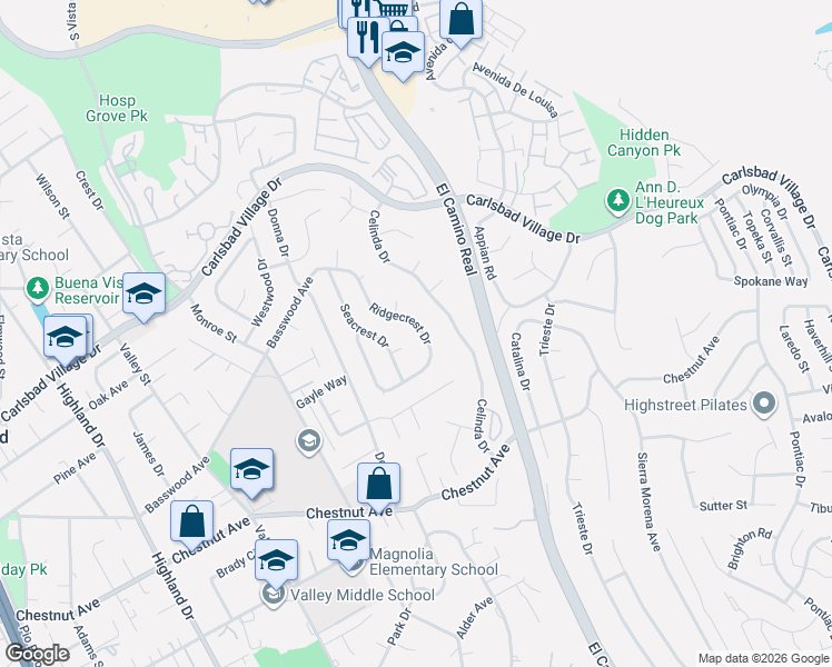 map of restaurants, bars, coffee shops, grocery stores, and more near 3484 Ridgecrest Drive in Carlsbad