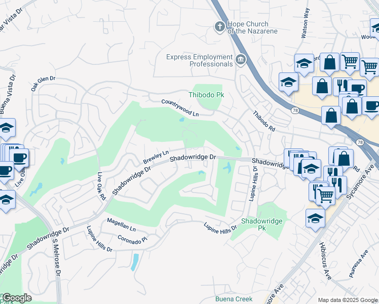 map of restaurants, bars, coffee shops, grocery stores, and more near 1065 Brewley Lane in Vista