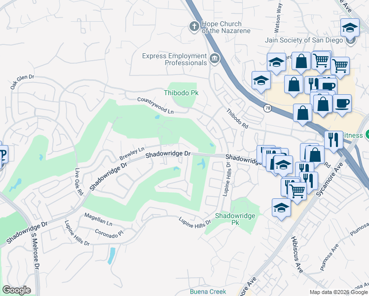 map of restaurants, bars, coffee shops, grocery stores, and more near 1025 Brewley Lane in Vista