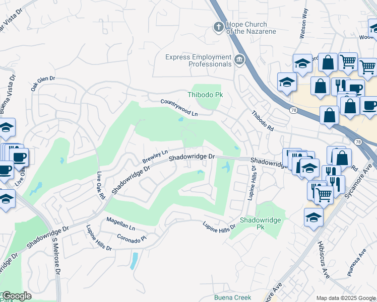 map of restaurants, bars, coffee shops, grocery stores, and more near 1065 Brewley Lane in Vista