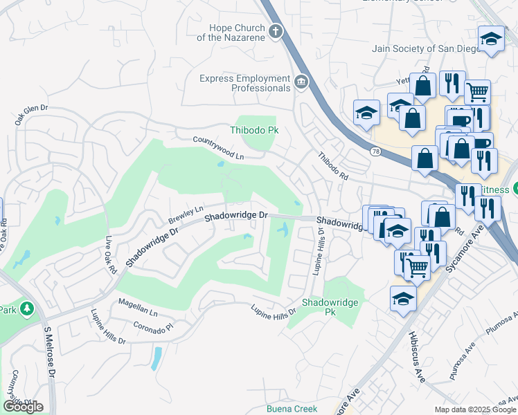 map of restaurants, bars, coffee shops, grocery stores, and more near 1025 Brewley Lane in Vista