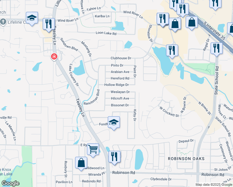 map of restaurants, bars, coffee shops, grocery stores, and more near 2708 Weslayan Drive in Denton