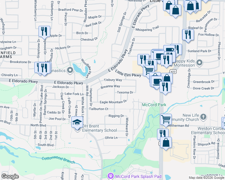 map of restaurants, bars, coffee shops, grocery stores, and more near 2405 Breanna Way in Little Elm
