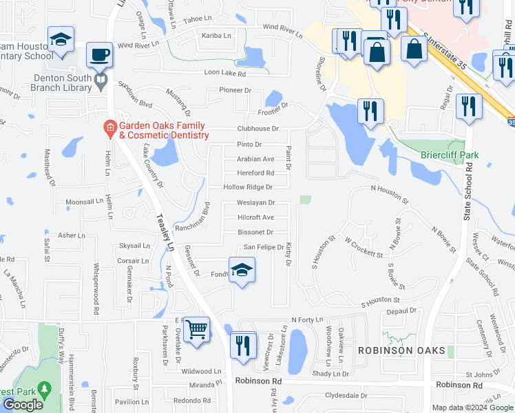 map of restaurants, bars, coffee shops, grocery stores, and more near 2720 Weslayan Drive in Denton