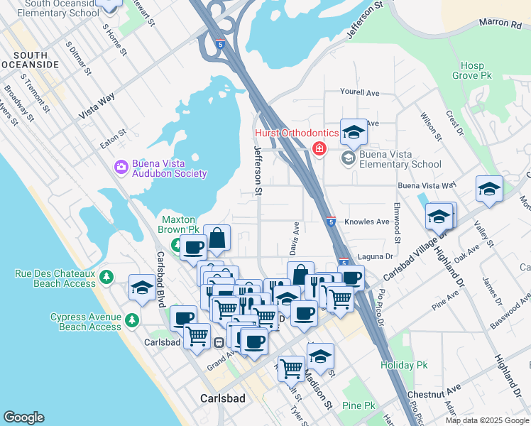 map of restaurants, bars, coffee shops, grocery stores, and more near 2596 Jefferson Street in Carlsbad