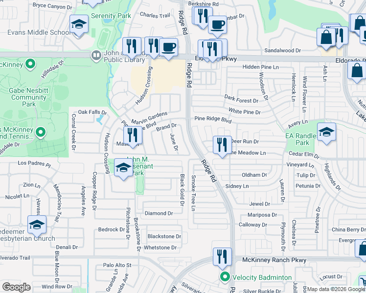 map of restaurants, bars, coffee shops, grocery stores, and more near 3504 Amanda Way in McKinney