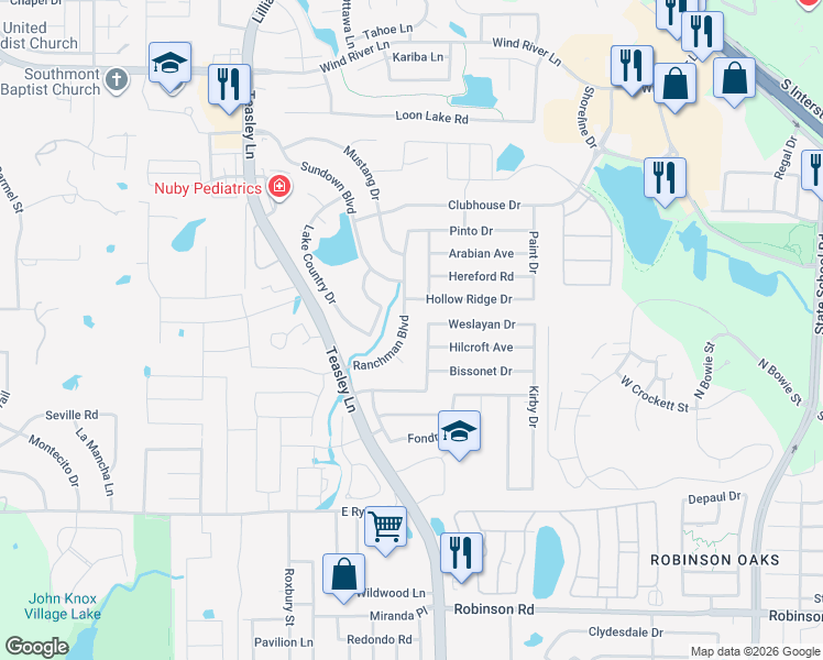 map of restaurants, bars, coffee shops, grocery stores, and more near 3705 Ranchman Boulevard in Denton