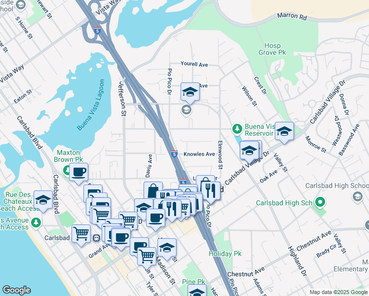 map of restaurants, bars, coffee shops, grocery stores, and more near 2561 Gregory Drive in Carlsbad