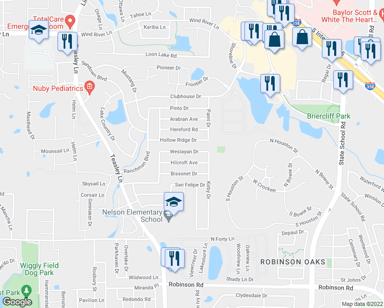 map of restaurants, bars, coffee shops, grocery stores, and more near 2721 Weslayan Drive in Denton