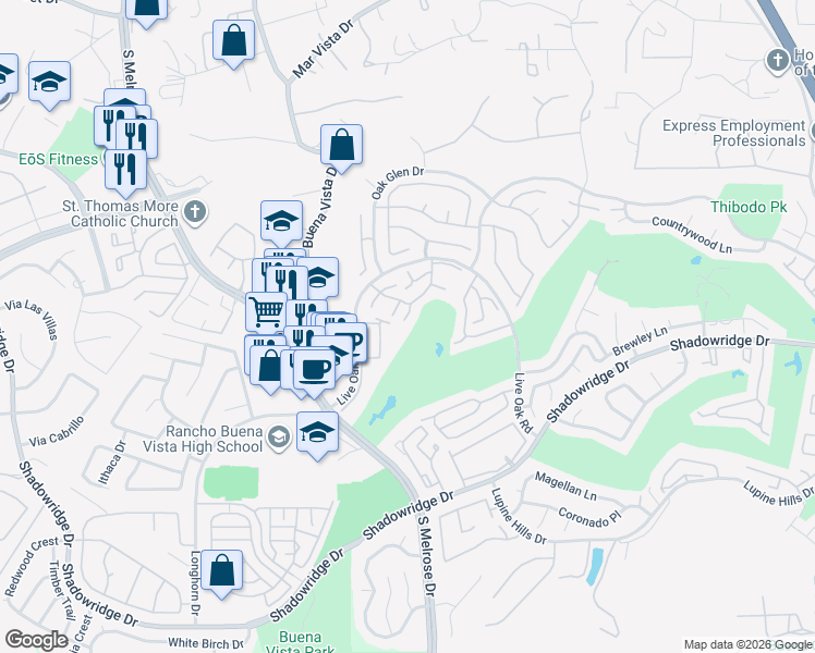 map of restaurants, bars, coffee shops, grocery stores, and more near 1412 Camara Court in Vista
