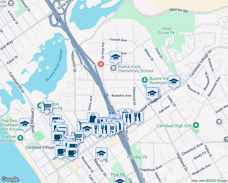 map of restaurants, bars, coffee shops, grocery stores, and more near 1265 Cynthia Lane in Carlsbad