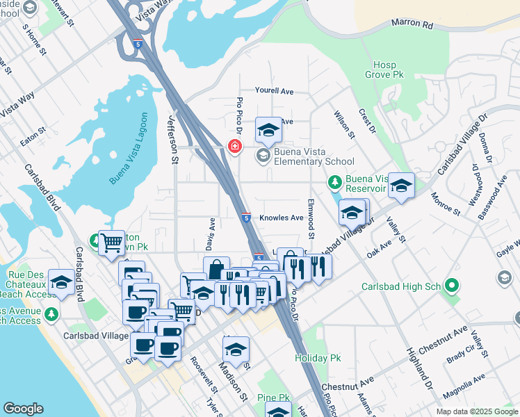 map of restaurants, bars, coffee shops, grocery stores, and more near 1265 Cynthia Lane in Carlsbad