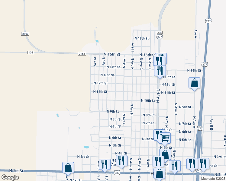 map of restaurants, bars, coffee shops, grocery stores, and more near 1106 North Avenue J in Haskell