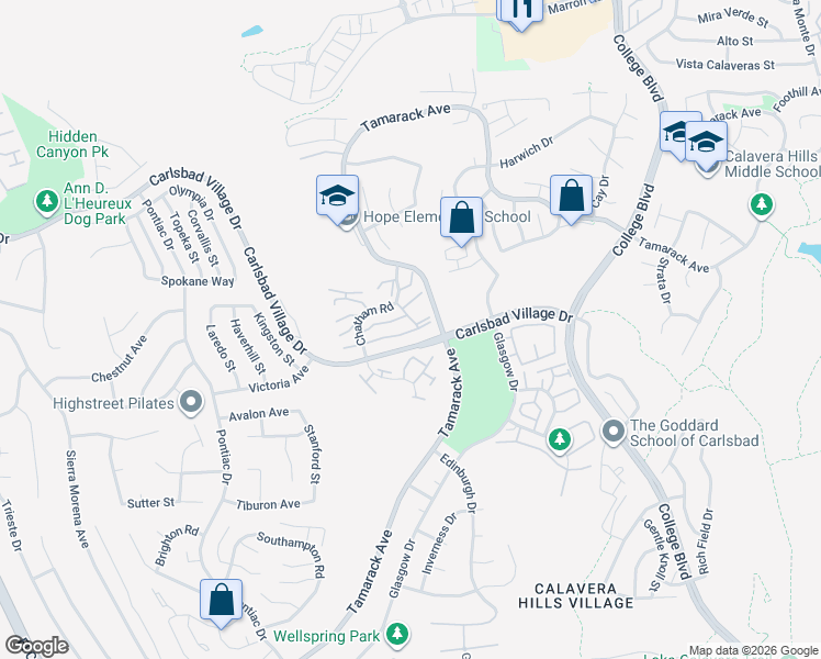 map of restaurants, bars, coffee shops, grocery stores, and more near 3538 Ridgewood Way in Carlsbad