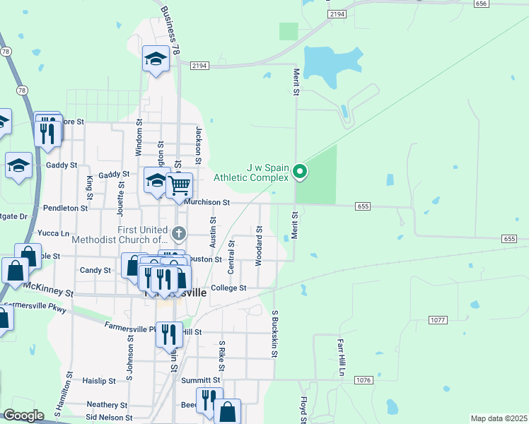 map of restaurants, bars, coffee shops, grocery stores, and more near 318 Woodard Street in Farmersville