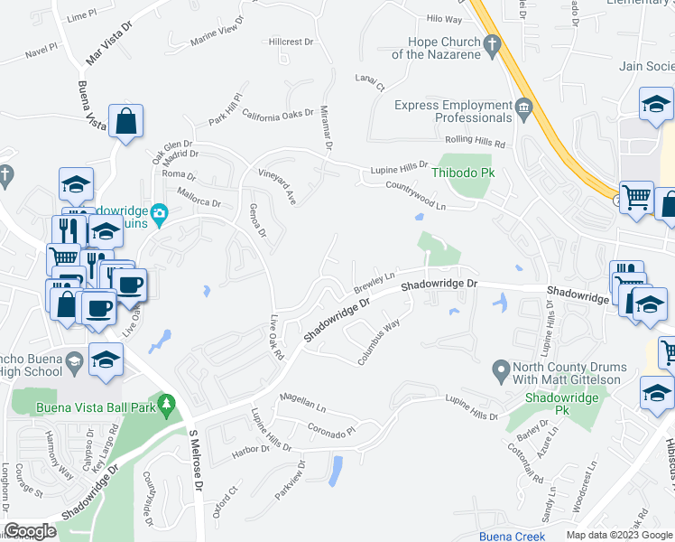 map of restaurants, bars, coffee shops, grocery stores, and more near 1251 Hatcreek Court in Vista